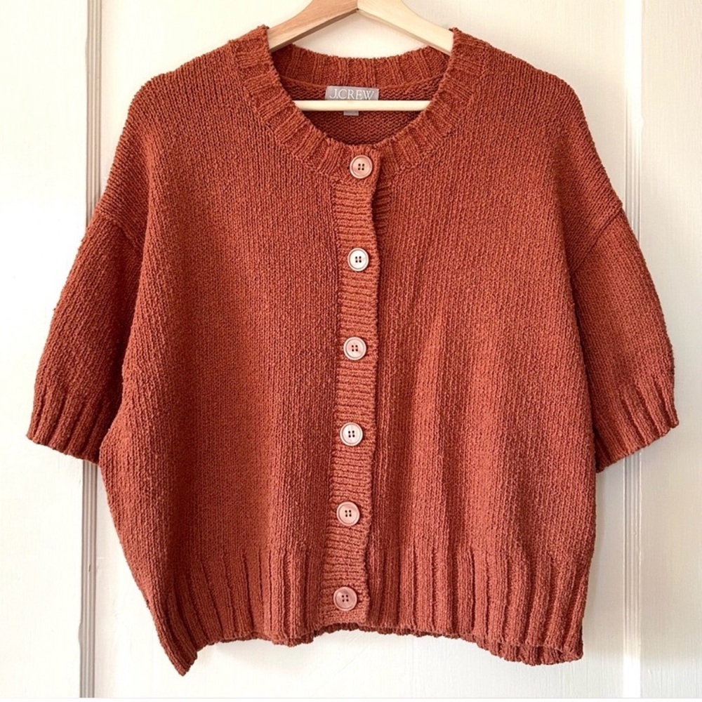 J Crew Marina Crewneck Cardigan in‎ Textured Cotton Blend Toasted Paprika XL